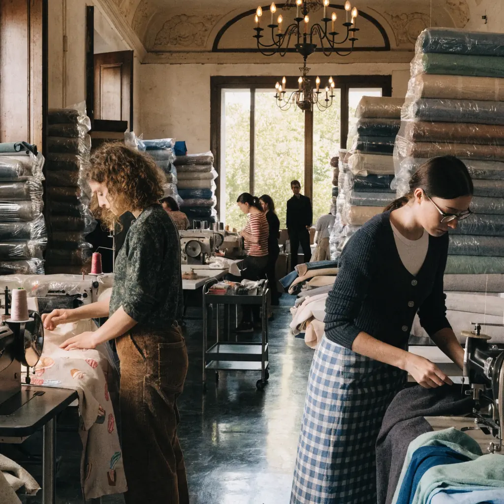 Taller de diseño YES-ZEE en Italia con artesanos trabajando en prendas de moda urbana